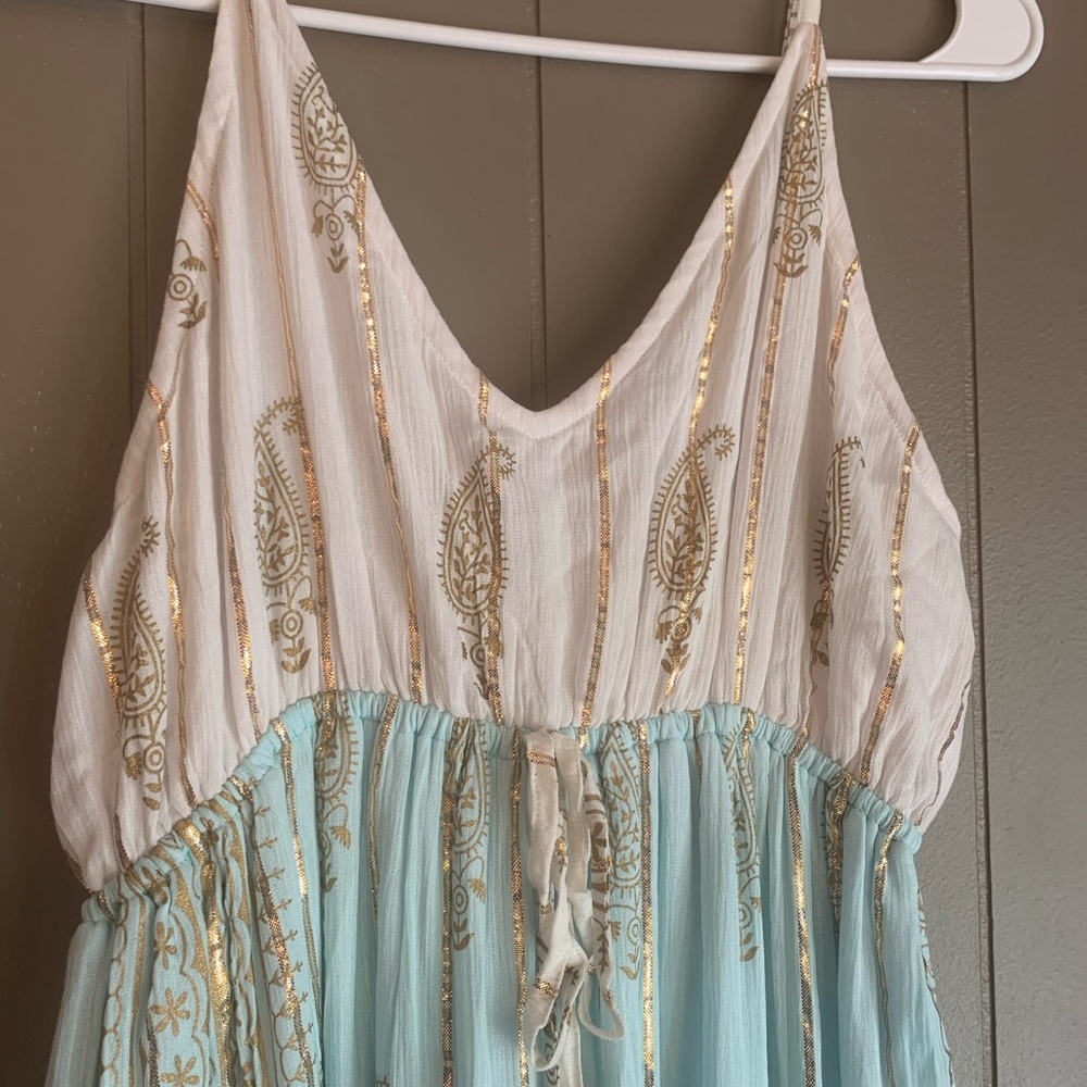 Siddhartha Bohemian Maxi Dress in white and turquoise - Picture 2 of 8